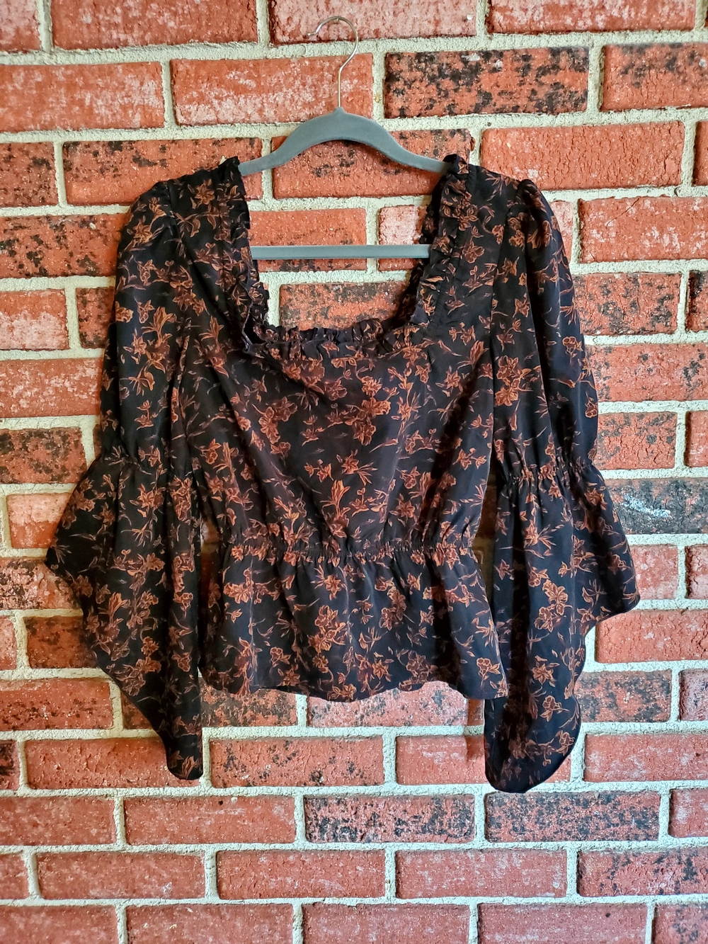 Disturbia Black Blouse with Rust Floral Print